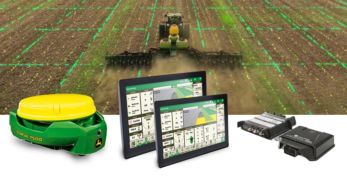 Receptor StarFire 7500, Monitor G5 Universal, G5Plus Universal, JDLink Modem M e R, ao fundo uma máquina John Deere no campo.